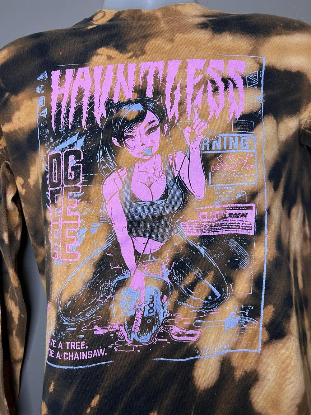 Hauntless Shirt Mens Large Brown Bleach Tie Dye Anime Chainsaw Long Sleeve Tee